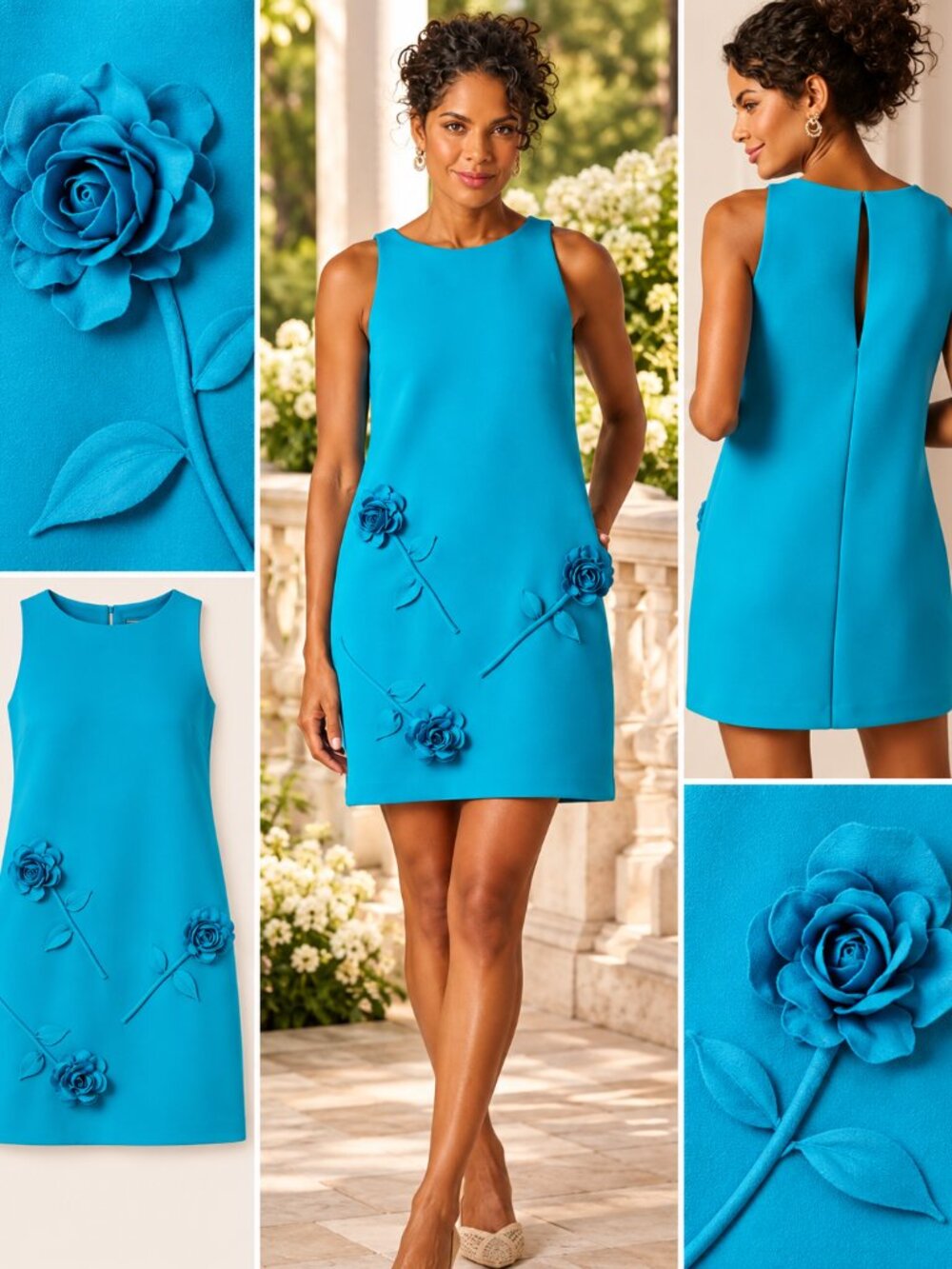 Adrianna Papell Deep Cerulean 3D Floral Sleeveless Shift Dress Size 2 NWT
